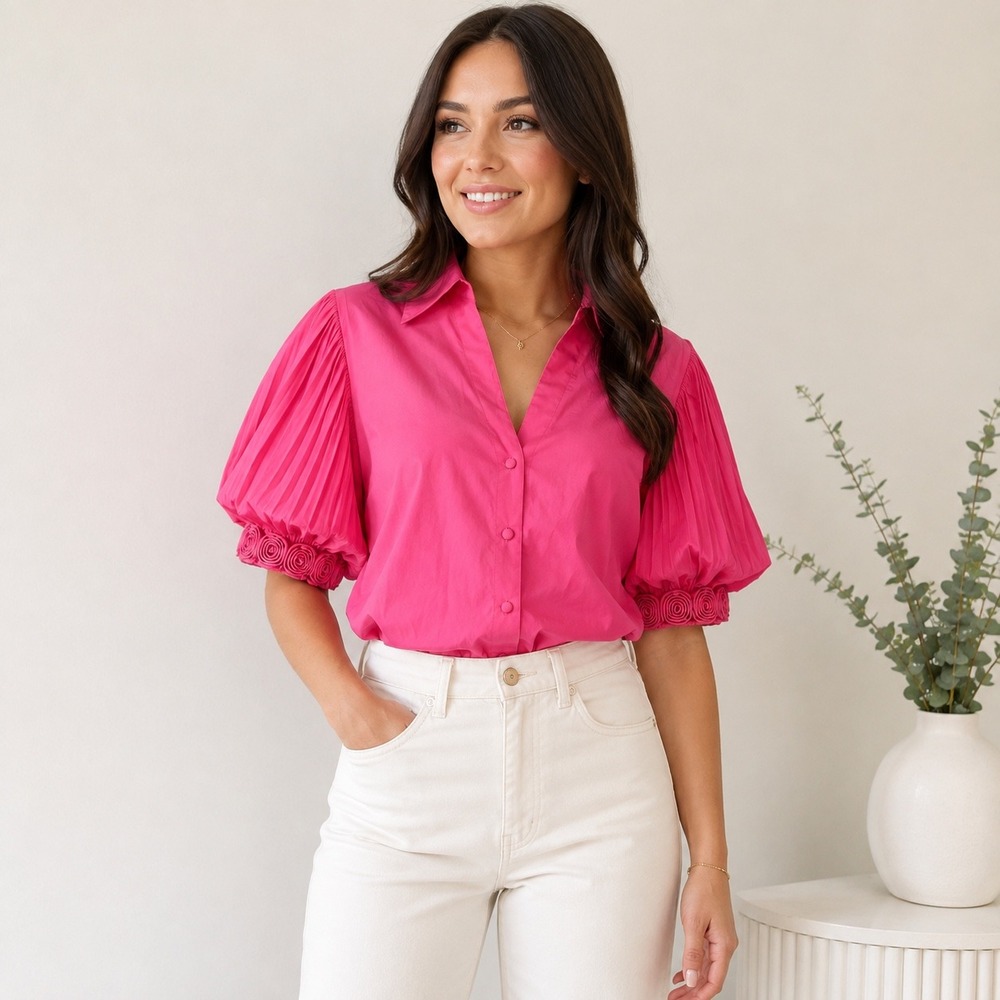 Go Silk Pink Puff Sleeve Rosette Cuff Button Front Statement Blouse XL? READ